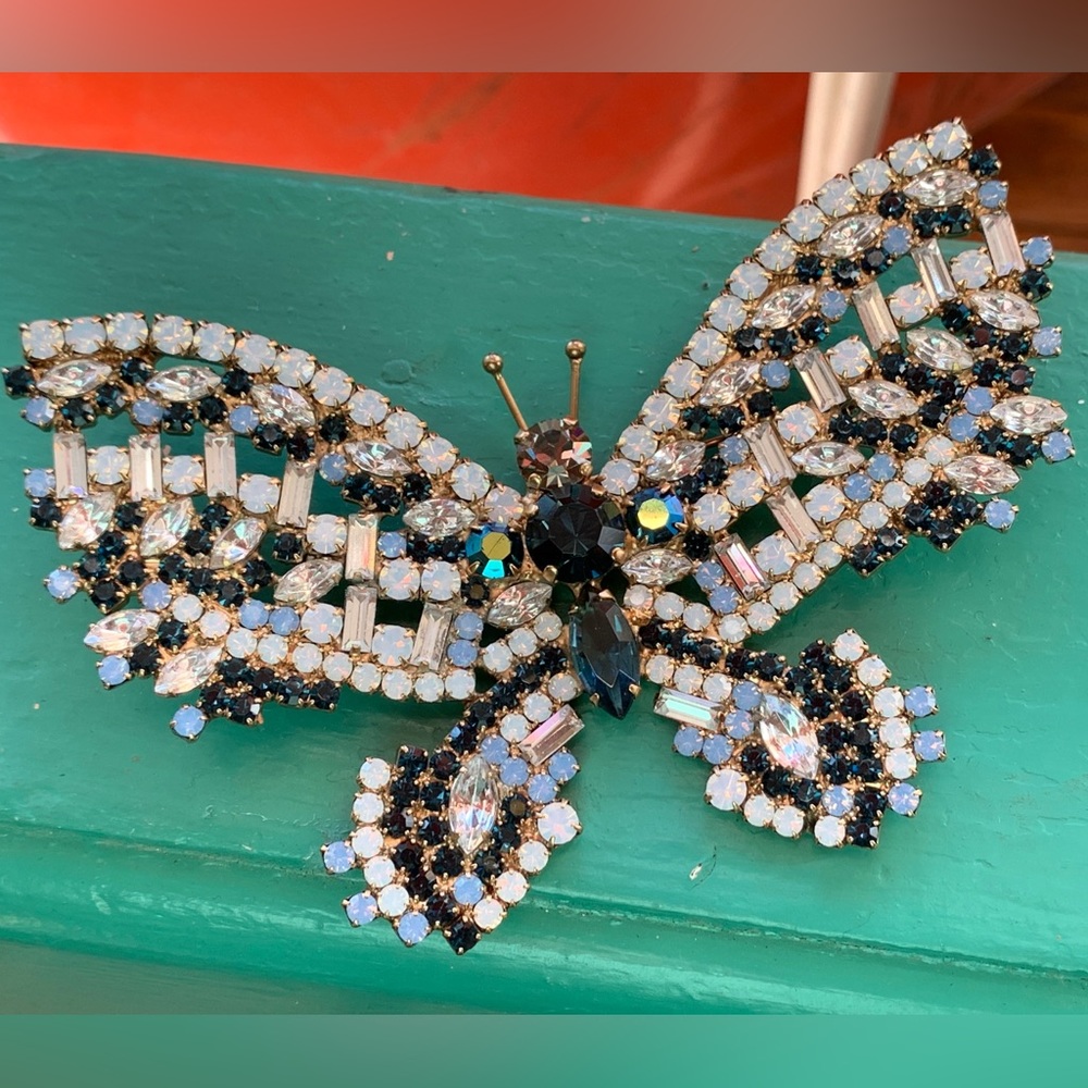 Stunning and Large Loren Hope Butterfly Brooch in Blue and AB Stones in Gold